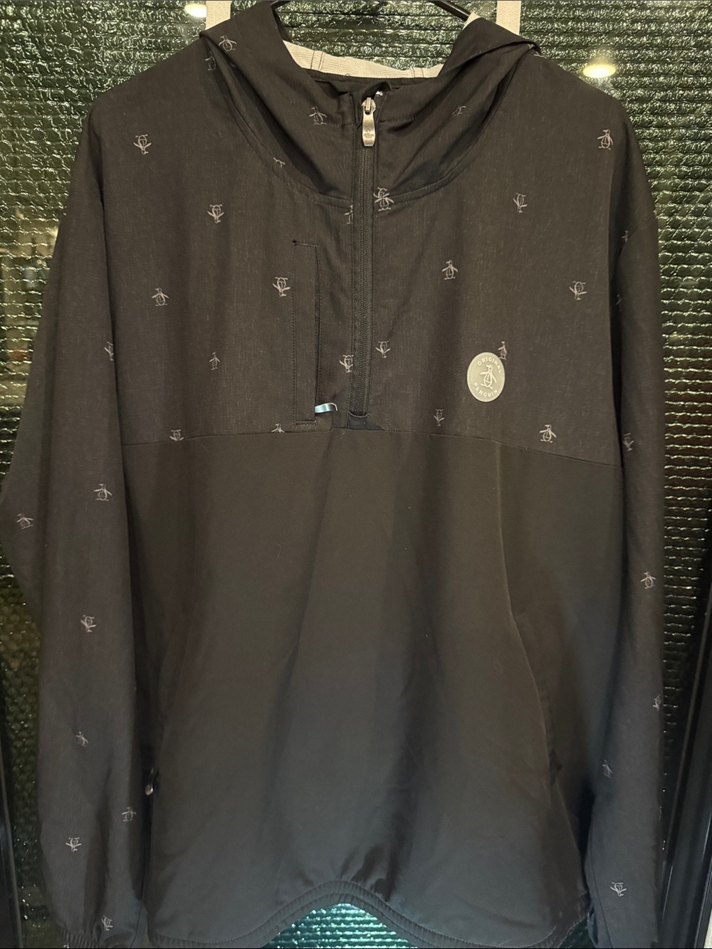 Original Penguin Black Hooded Half-Zip Windbreaker with Micro Penguin Motif
